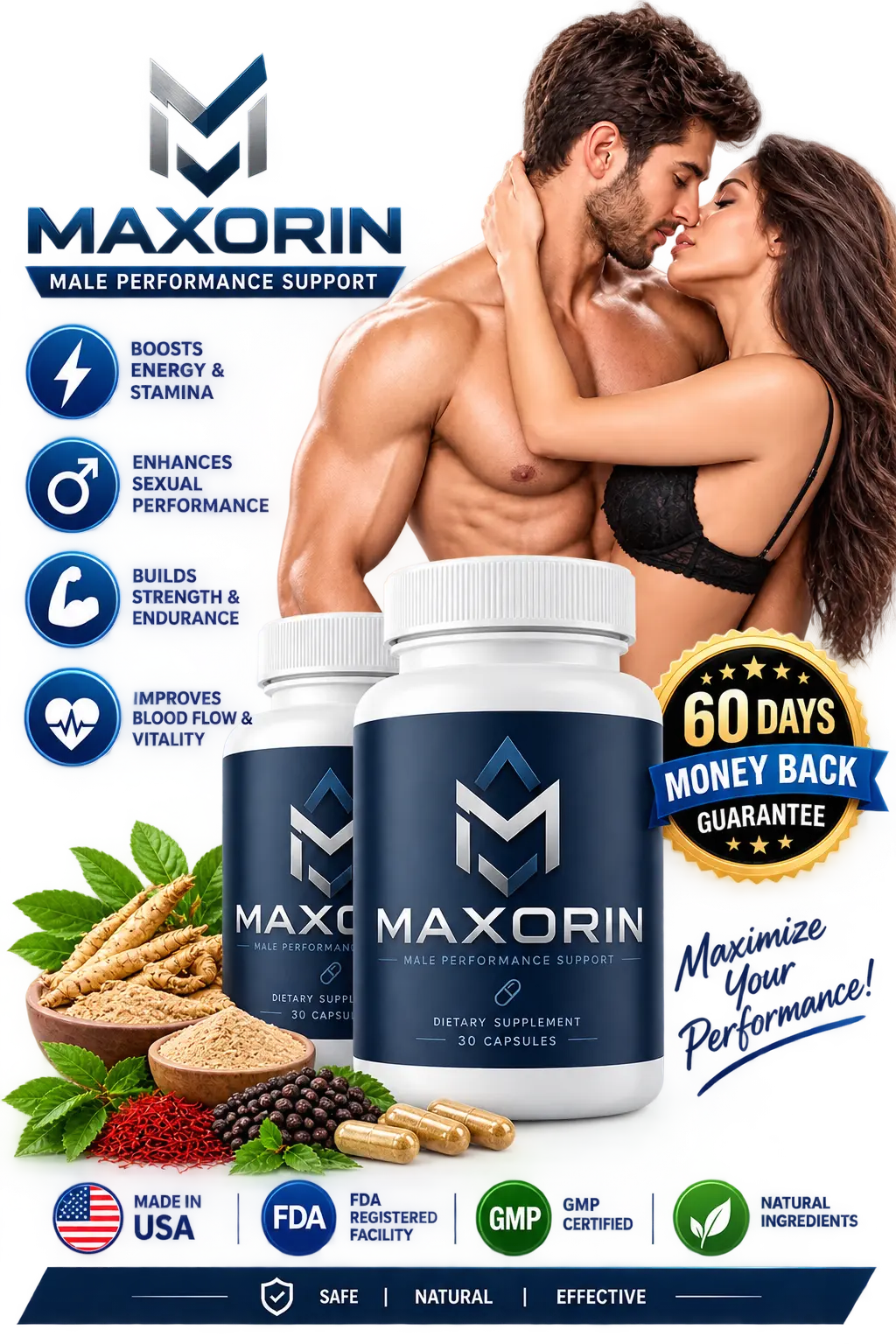 Maxorin Male Performance Support bottles with natural ingredients